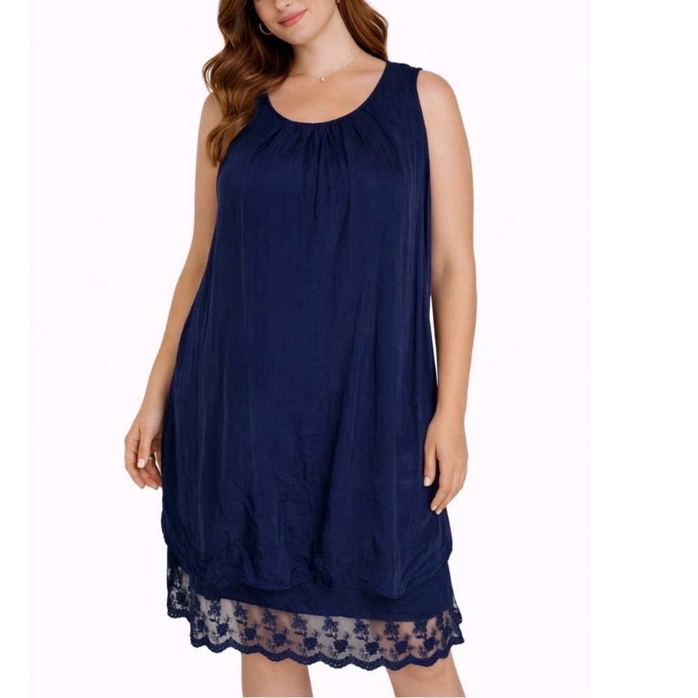 Amanti silk dress boxy overlay back lace detailing Navy Blue SZ XS